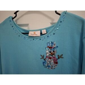 The Quacker Factory XL Turquoise Christmas Snowman Rhinestone Long Sleeve Shirt